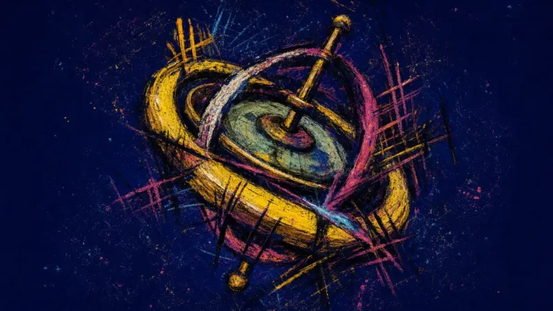 A gyroscope twisted off balance and choked by tangled lines, representing a life that feels borrowed