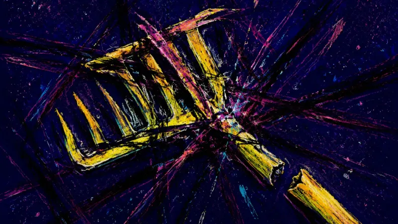Interrupted Harvest A warped rake trapped in dense crossing marks, symbolizing headline-driven career panic, information
