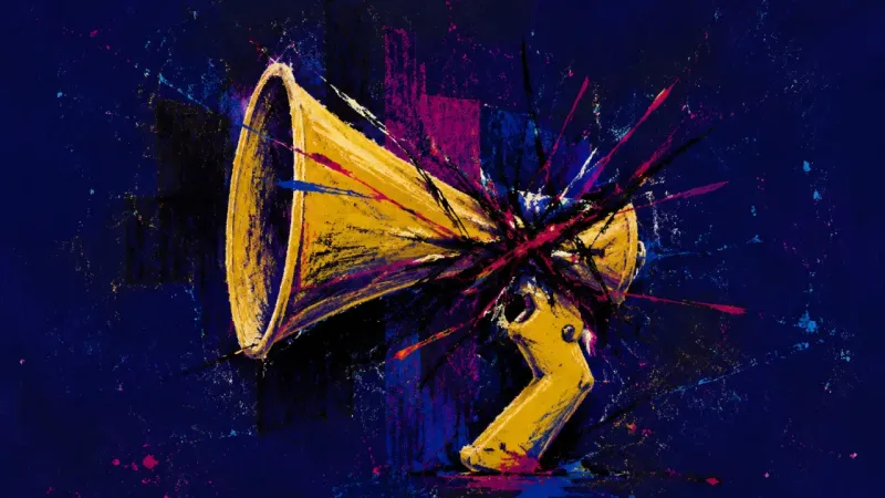 Choked Introduction A distorted megaphone squeezed shut by chaotic lines, representing career identity lag and pressure