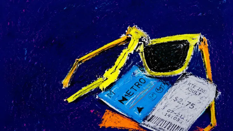 Visible Enough Bent sunglasses squeezed against a transit pass and receipt, echoing the pressure to make a warm day