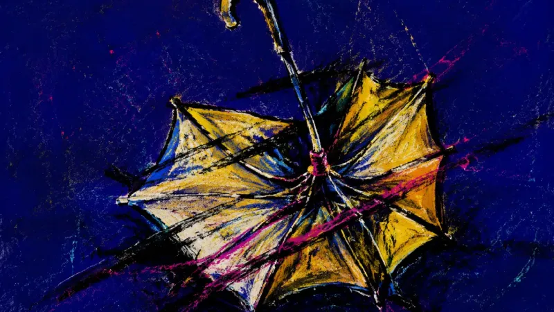 Seized Canopy A warped umbrella trapped in crossing lines, expressing warm-weather FOMO and the pressure to fill a