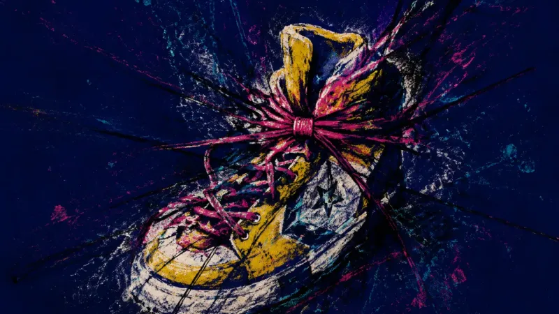 Choked Start An abstract sneaker cinched into distortion, representing clean-slate procrastination and the oppre