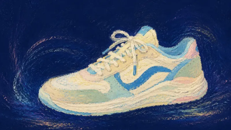 Grounded Momentum An abstract sneaker restored to a clean, balanced outline, representing ordinary-day action, steady