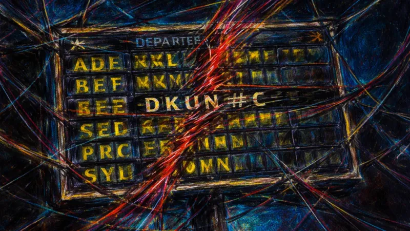 Out-of-Sync Departures A warped departure board with chaotic rows and broken letters, representing social-comparison panic.