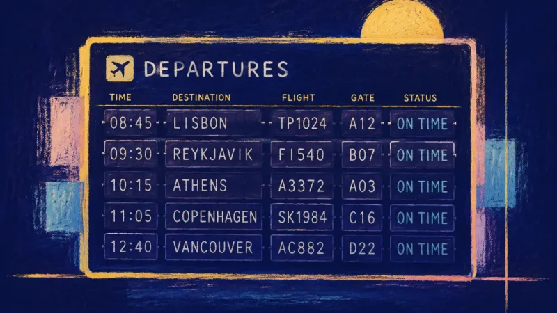 Own Departure Rhythm A departure board restored to aligned rows and calm order, representing self-trust and progress by a