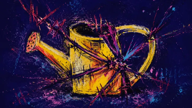 Seized Pour A distorted watering can trapped in chaotic marks, representing weekend redemption pressure and fear
