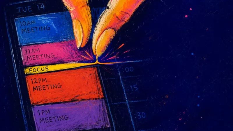 Two fingers shrink a focus block between back-to-back meetings on a calendar, capturing the stresss