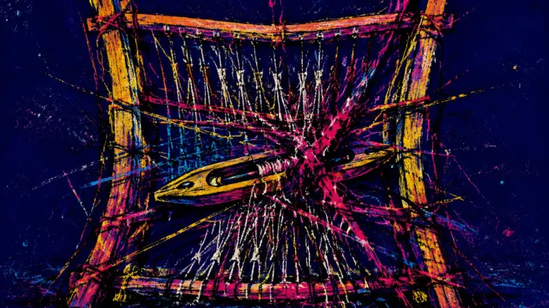 An abstract image of overloaded focus, where a loom is warped and tangled into a cramped, oppressi