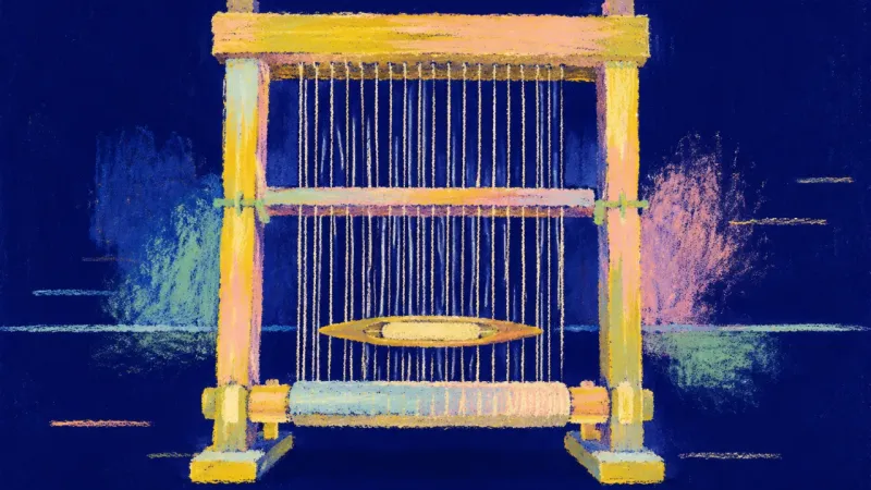 An abstract image of protected focus returning, where a once-jammed loom regains order, openness,