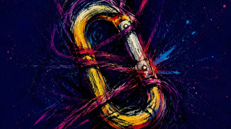 Caught at the Gate An abstract carabiner twisted shut and wrapped in chaotic pressure, representing reply shame, avoida
