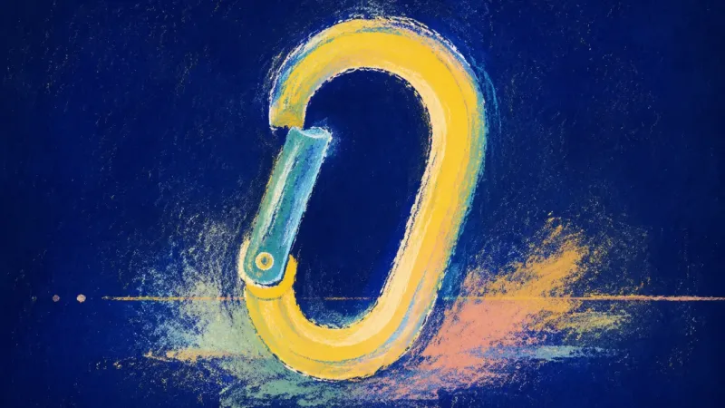 Rejoined Arc An abstract carabiner restored to a clean open form, representing gentle re-entry, renewed trust, a
