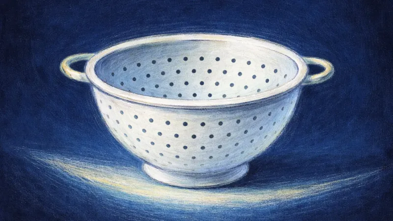 Open Pattern A restored colander with open, even perforations, symbolizing selective honesty, steadier self-trust