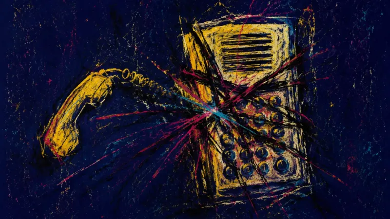 An abstract intercom tangled and warped by dense marks, representing digital relevance anxiety and a