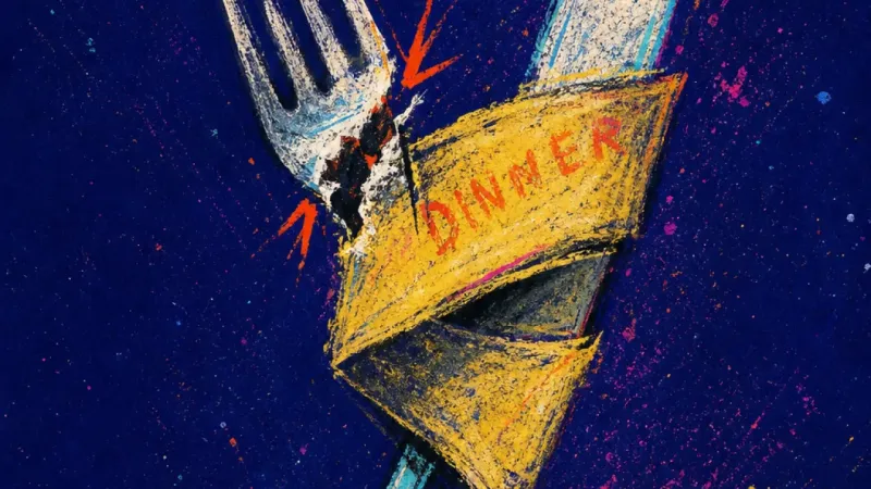 Dinner Under Review A split cutlery sleeve gripping a fork and knife, symbolizing the pressure to sound accomplished ata