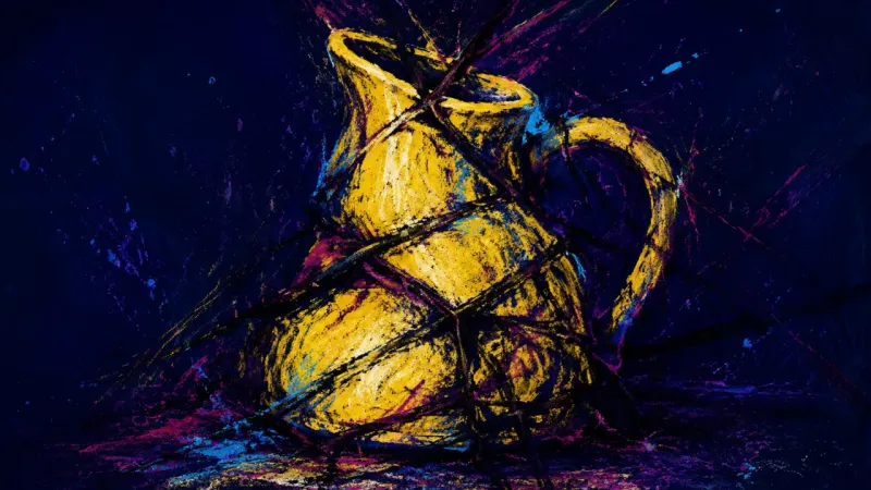 Choked Pour A distorted pitcher gripped by chaotic bands, representing catch-up anxiety, self-editing, and the f