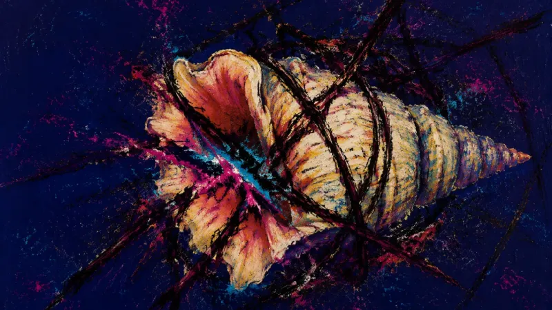 Choked Signal A conch shell squeezed shut by chaotic lines, representing self-silencing and the pressure of unspok