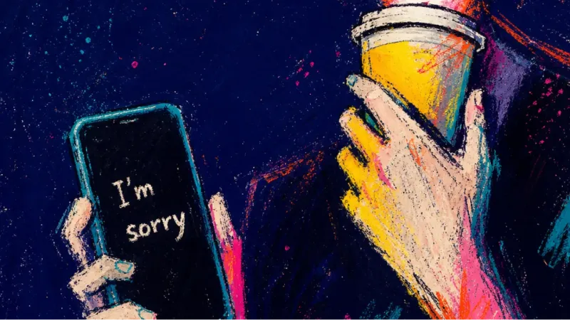 Relief on Hold An abbreviated torso presses a takeout cup to the throat while holding a phone with 'I'm sorry' open