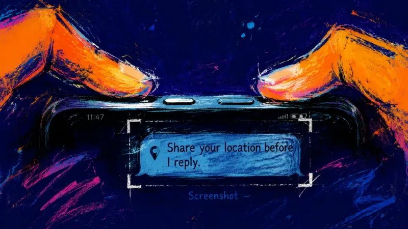 Proof Before Permission Two fingers press the side buttons of a phone to screenshot a location-sharing text, capturing the r