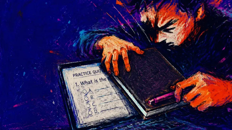 Notes as Shelter A notebook dragged over a laptop quiz screen, showing the urge to hide in polished notes instead of