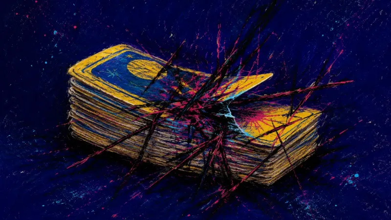 The Unflipped Deck A warped flashcard deck trapped in dense crossed lines, symbolizing study perfectionism and fear of