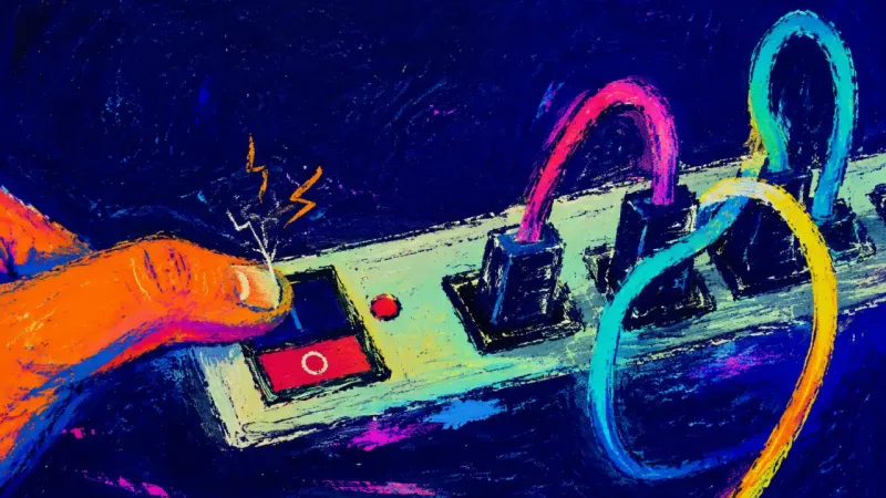 A thumb stalls a power strip switch between on and off while loose charger ends stay plugged in, ev﻿