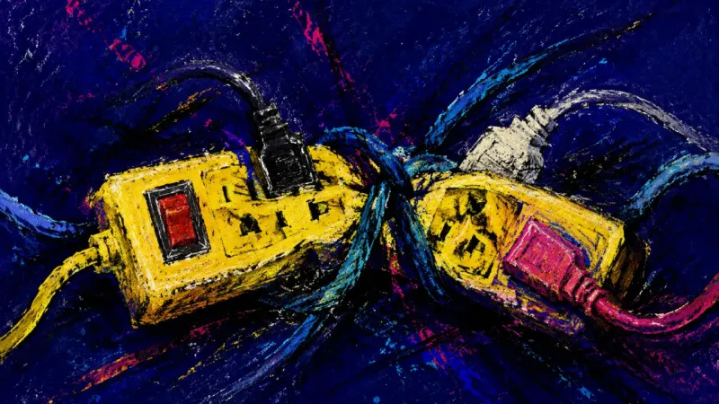 A warped power strip trapped in tangled cords, showing sunk-cost paralysis and the strain of keeping