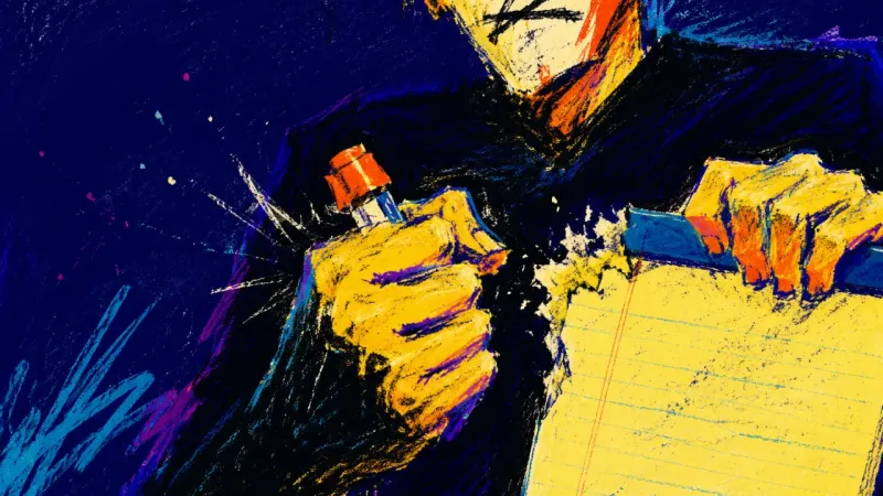 Authorship Deferred An abbreviated torso crushes a capped marker while pulling open a legal pad, showing the reflex to t