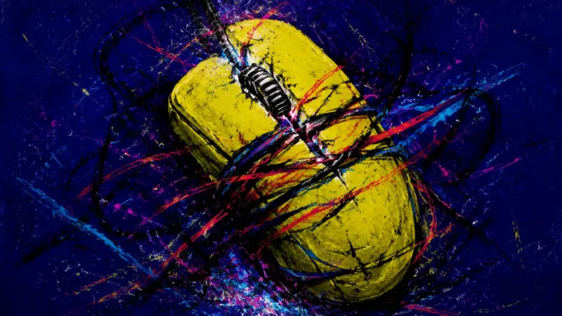 Click Held Hostage An abstract computer mouse distorted and jammed into tangled tension, expressing perfectionism, subm