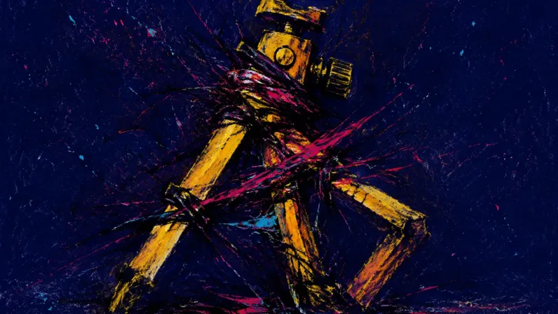 A warped tripod trapped in chaotic pressure lines, representing overanalysis, self-consciousness, an