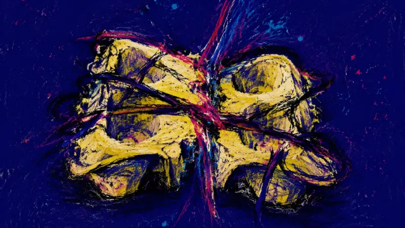 Collapsed Compartments An abstract egg carton crushed into a tangled block, representing after-work overload, shame, and p