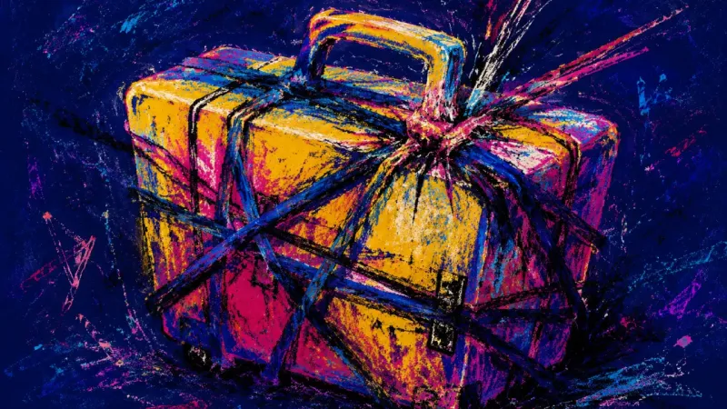 A distorted suitcase trapped in chaotic restraints, symbolizing post-trip identity whiplash and the