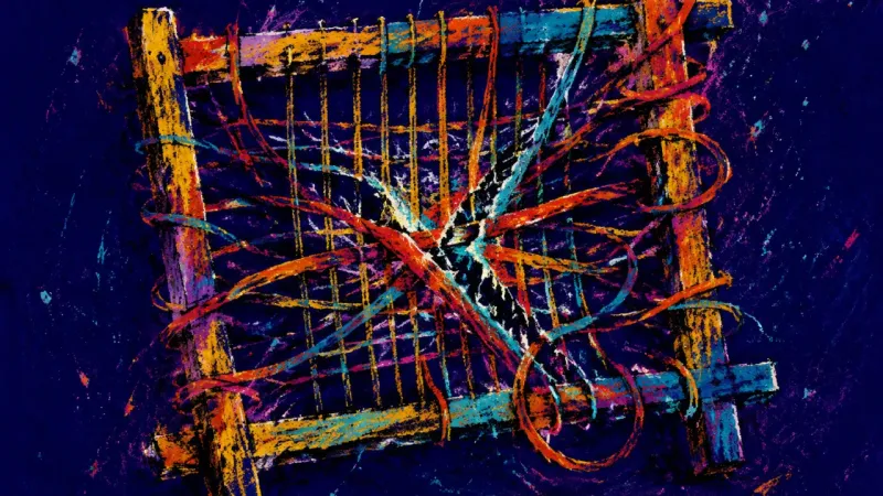 A warped loom tangled in crossed threads, representing social over-functioning, divided attention,