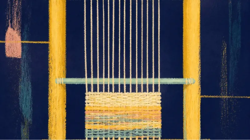 A loom restored to clean lines and even threads, representing grounded presence, shared social ease,