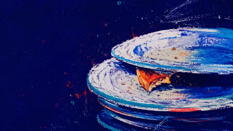 A half-eaten plate forced into a stack of dishes, symbolizing the reflex to keep family peace by van