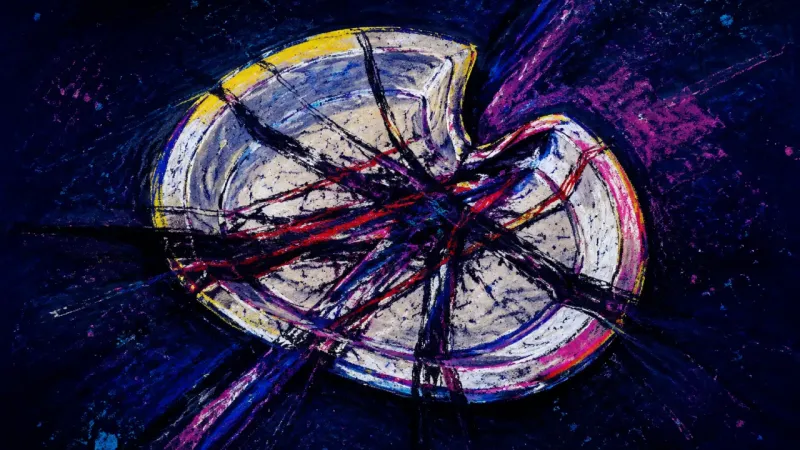 A warped plate trapped in dense disorder, representing the pressure to manage family tension through