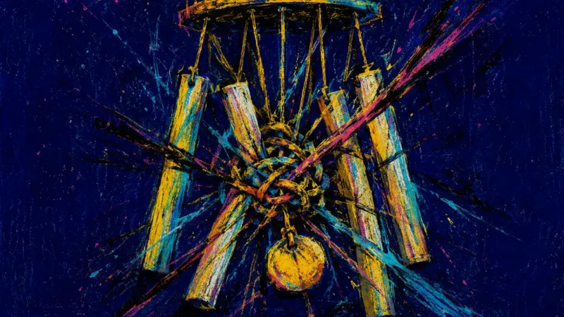 Trapped Chime An abstract wind chime tangled shut, representing self-silencing, social fear, and inner pressure d