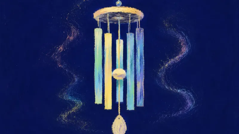 Steady Chime An abstract wind chime restored to balanced spacing, representing calm honesty, self-trust, and st