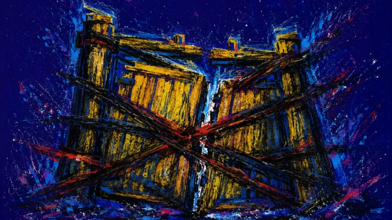 A floodgate pulled out of alignment and tangled in harsh lines, symbolizing burnout from constant
