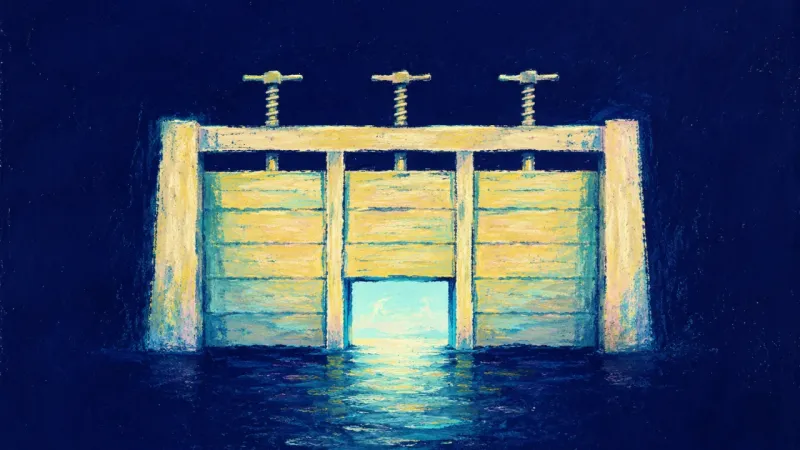 A floodgate realigned into a clean structure, symbolizing protected rest and clear professional