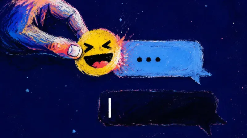 A serious text thread gets a laugh reaction while a direct reply is erased to a lone cursor, showing