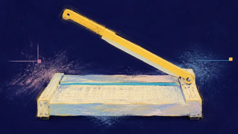 A paper cutter restored to a clean aligned form, representing direct speech, self-trust, and stead
