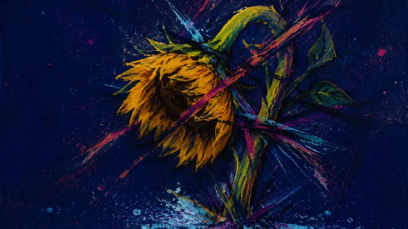 A sunflower bent inward and trapped in crossing lines, representing stalled desire, social self-