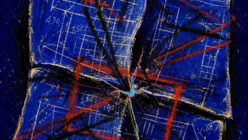 A blueprint buckles under frantic revision marks, representing invisible work compressed by self-d