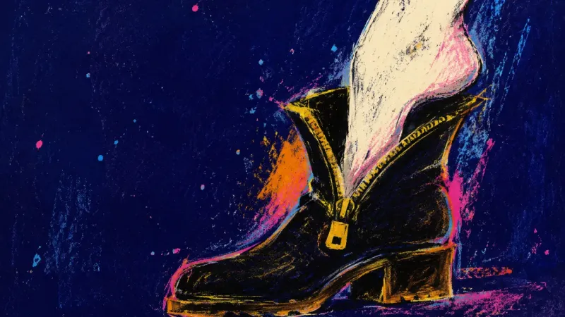 A half-zipped ankle boot paused mid-dressing, symbolizing the gap between social activity and being