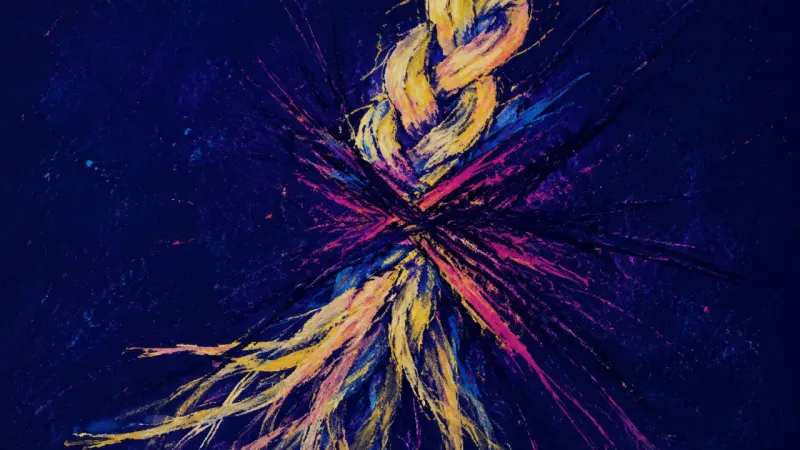 A braid split into tangled strands, representing hyperconnected loneliness and the fear of making o