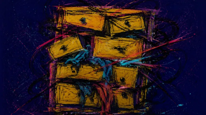 A distorted dresser with misaligned drawers represents overwhelm, open loops, and the pressure of a