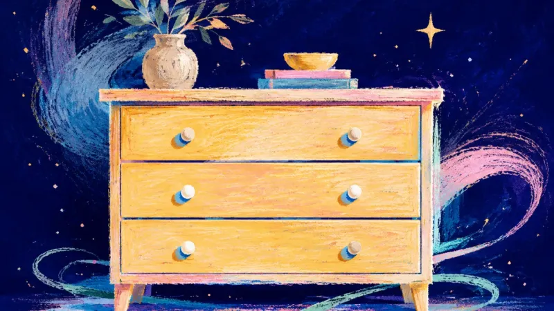 A restored dresser with aligned drawers represents a routine returning to closure, balance, and a 더꾸