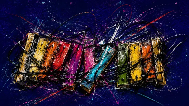 A xylophone with bars crushed together and crossed by frantic marks, representing overcommitment, in