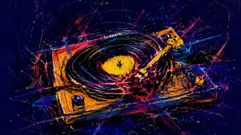 An abstract turntable locked in a warped loop, representing the stress of putting life on hold for