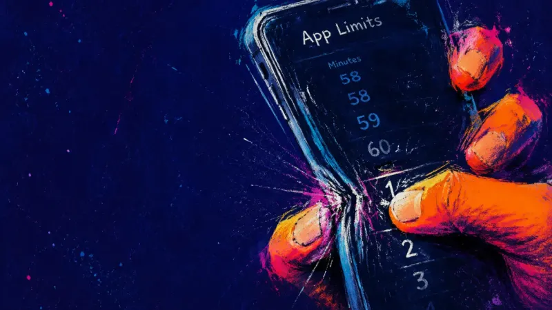 Minutes on Trial A hand tightening app limits on a phone after a Screen Time alert, capturing the urge to punish نفسك